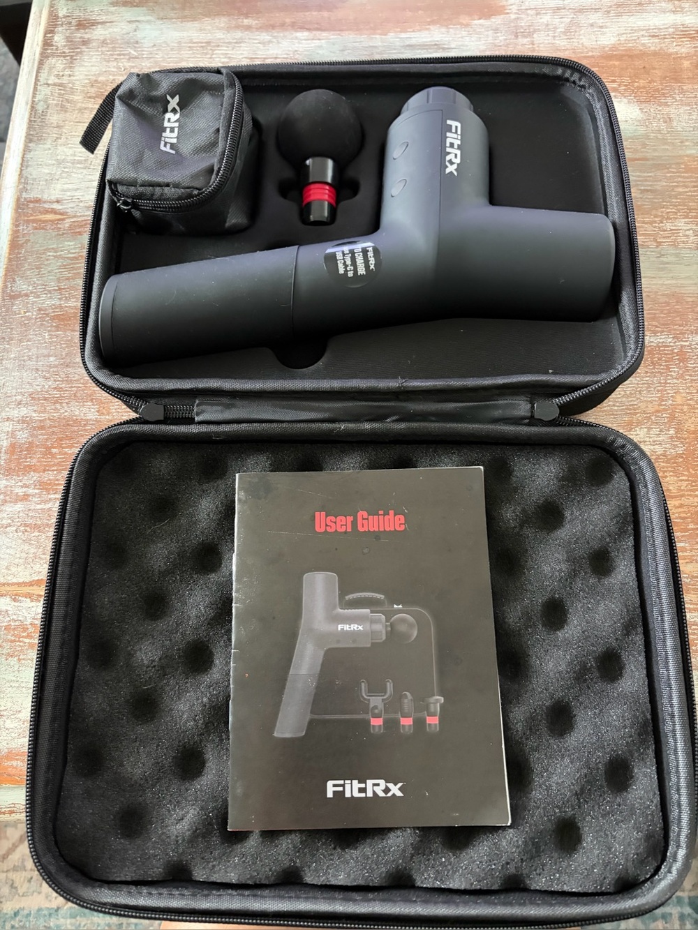 FitRx Cordless Handheld Percussion Massage Gun Black 4 Heads Carrying Case